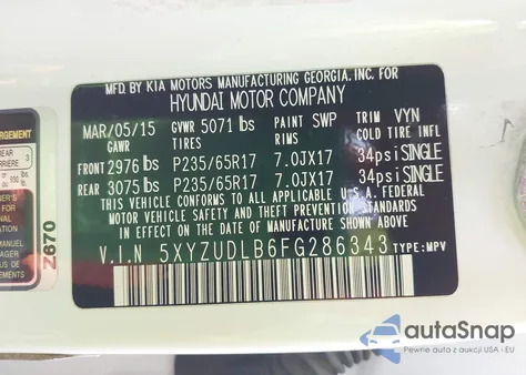 2015 Hyundai Santa Fe Sport 2.4L z USA, uszkodzony, nr VIN 5XYZUDLB6FG286343